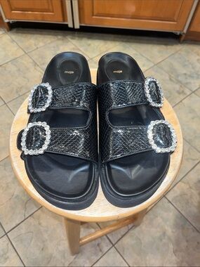 Maje Black Embossed Double-Buckle Slide Sandals with Crystal Buckles